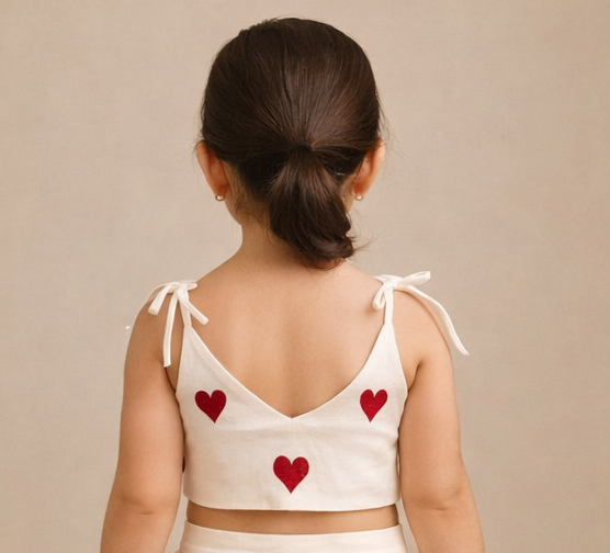 Pre Order: Hearts Embroidered Stylish Tie Knot Strap Top And Lehenga