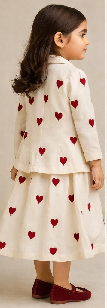 Pre Order: Hearts Embroidered Stylish Tie Knot Strap Top With Jacket And Lehenga