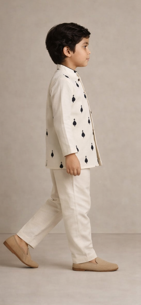 Pre Order: Thread Detailed Off White Kurta With Open Jacket And Pyjama