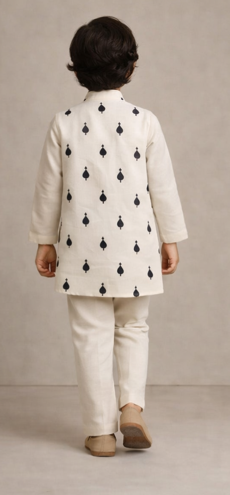 Pre Order: Thread Detailed Off White Kurta With Open Jacket And Pyjama
