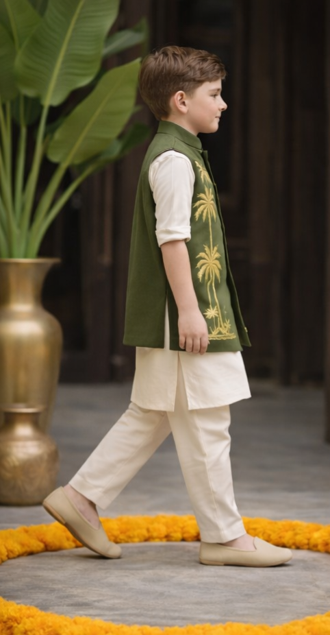 Pre Order:  Heritage Palm Kurta Set With Jacket