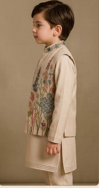 Pre Order: Beige Embroidered Sherwani And Pant