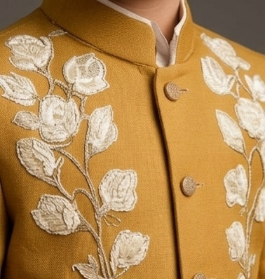 Pre Order: Mustard Embroidered Sherwani And Pant