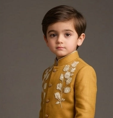 Pre Order: Mustard Embroidered Sherwani And Pant