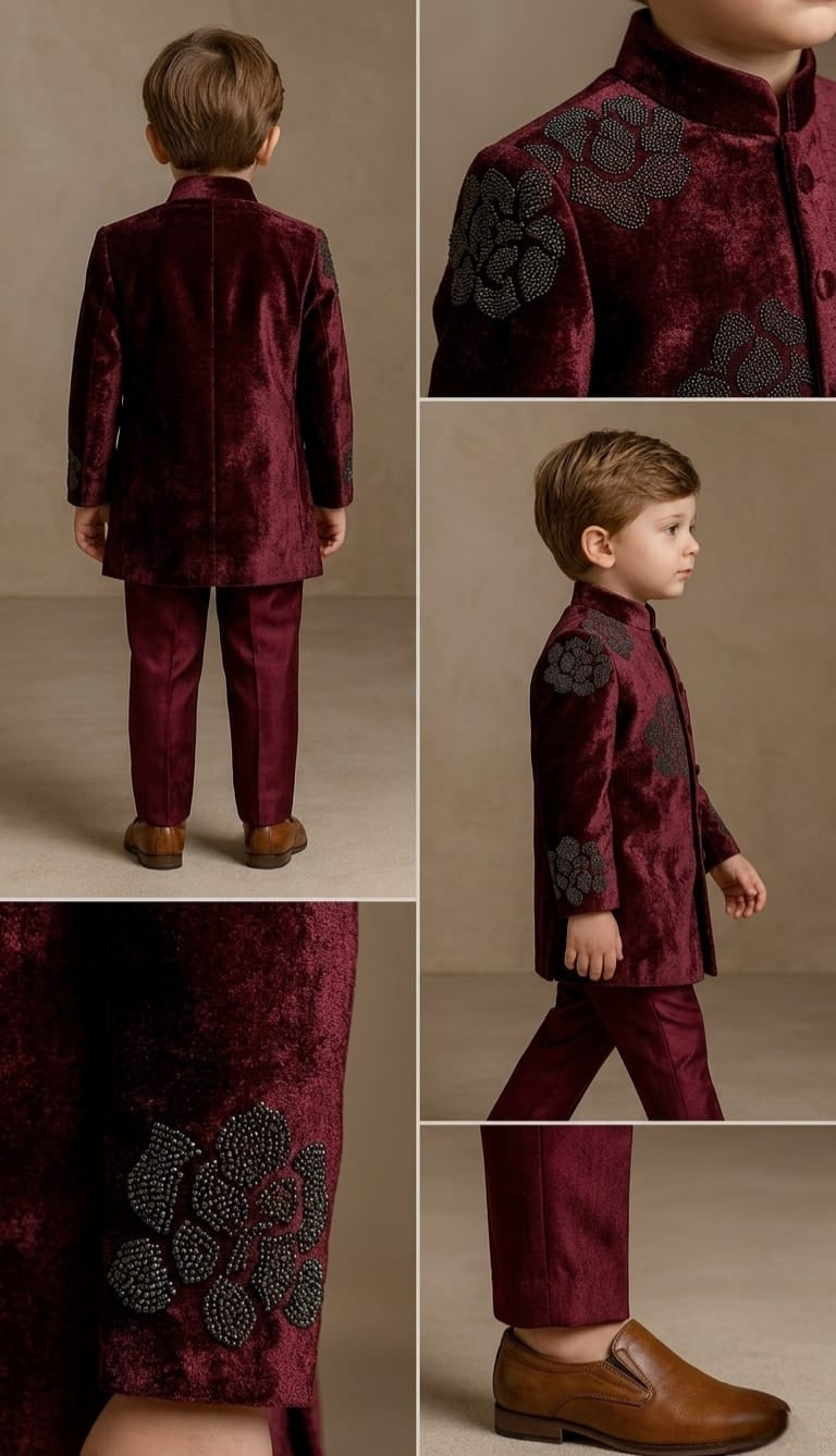 Pre Order: Maroon Velvet Sherwani And Pant
