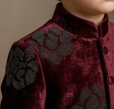 Pre Order: Maroon Velvet Sherwani And Pant