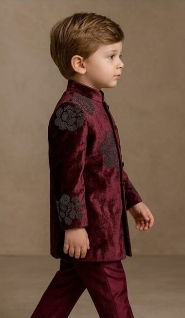 Pre Order: Maroon Velvet Sherwani And Pant