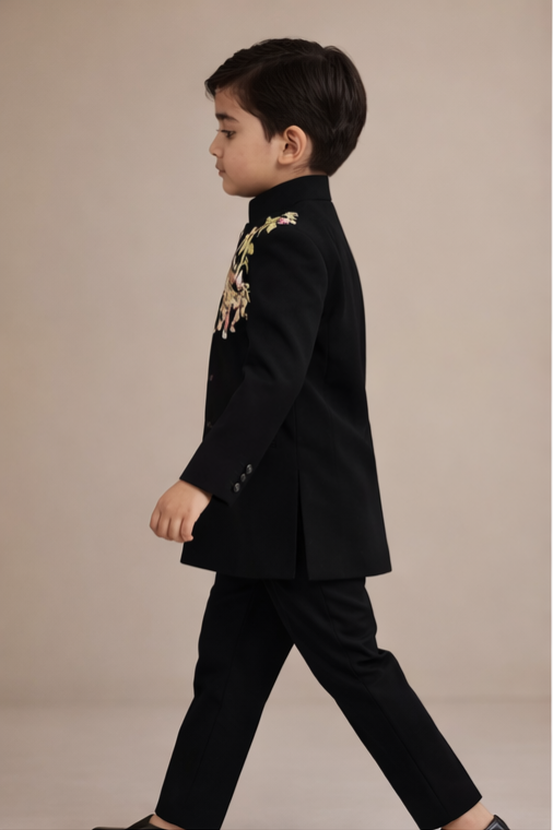 Pre Order: Black Ethnic Embroidered Sherwani With Black Pants