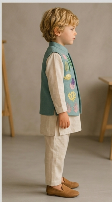 Pre Order: Little Sailor Embroidered Sherwani And Pant
