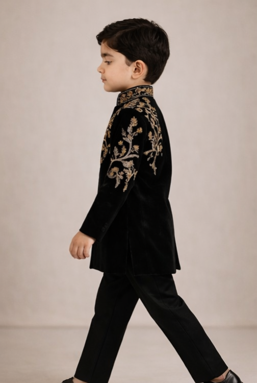 Pre Order: Prince Black Gold Sherwani And Pant