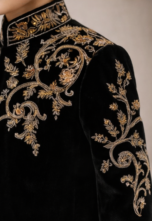 Pre Order: Prince Black Gold Sherwani And Pant