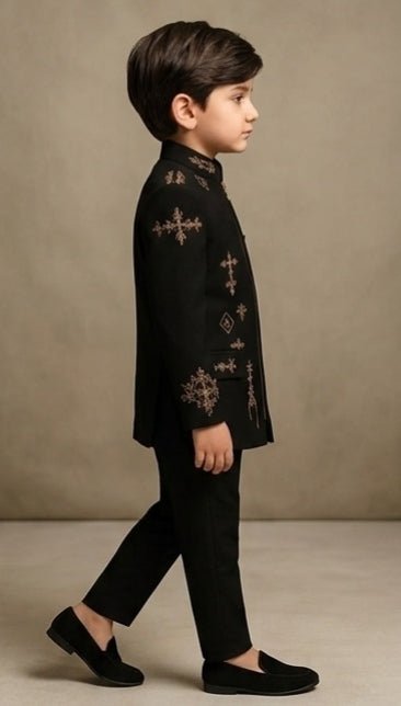 Pre Order: Black Velvet Embroidered Sherwani And Pant