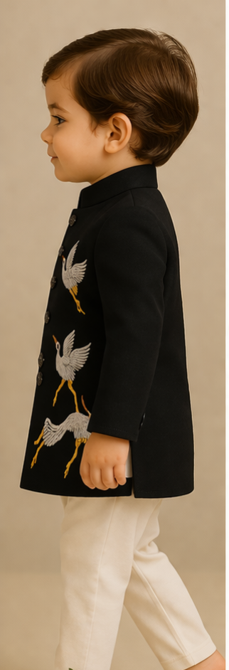 Pre Order: Black Bird Embroidered Sherwani With Off White Pyjama