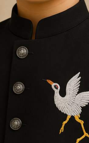 Pre Order: Black Bird Embroidered Sherwani With Off White Pyjama