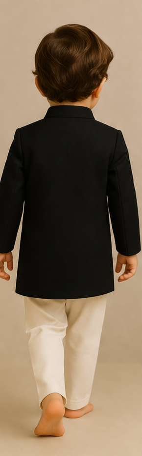 Pre Order: Black Bird Embroidered Sherwani With Off White Pyjama