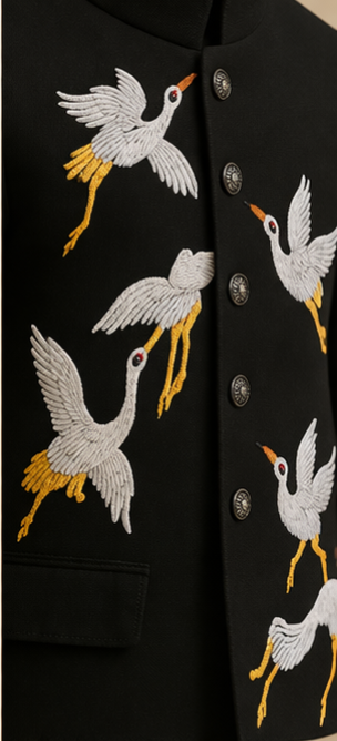 Pre Order: Black Bird Embroidered Sherwani With Off White Pyjama