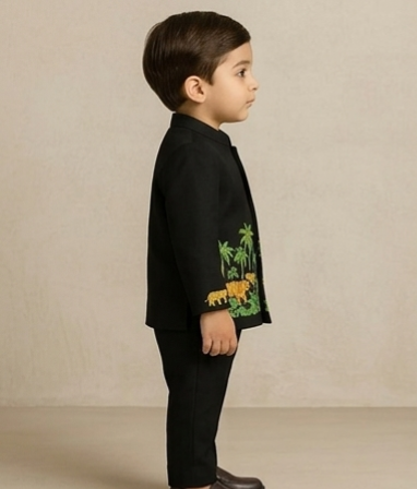 Pre Order: Jungle Theme Embroidered Black Sherwani With Pant