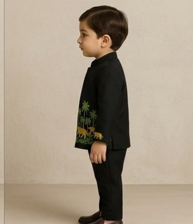 Pre Order: Jungle Theme Embroidered Black Sherwani With Pant