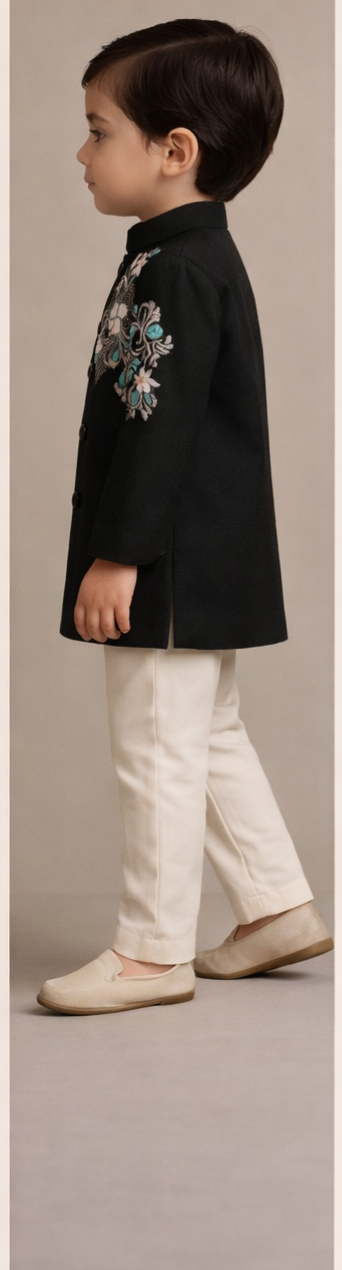 Pre Order: Black Beautiful Embroidered Sherwani With Cream White Pyjama