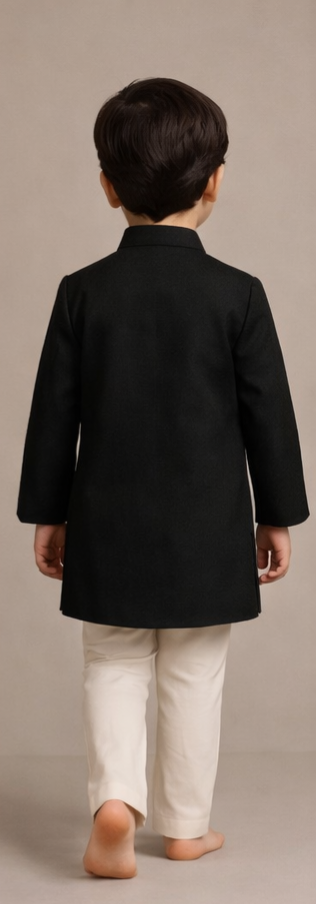 Pre Order: Black Beautiful Embroidered Sherwani With Cream White Pyjama