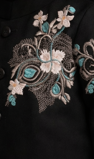 Pre Order: Black Beautiful Embroidered Sherwani With Cream White Pyjama