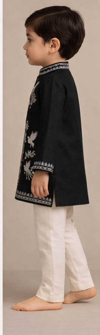 Pre Order: Black Bird Embroidered Sherwani And Pant