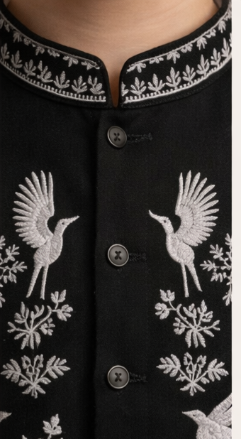 Pre Order: Black Bird Embroidered Sherwani And Pant