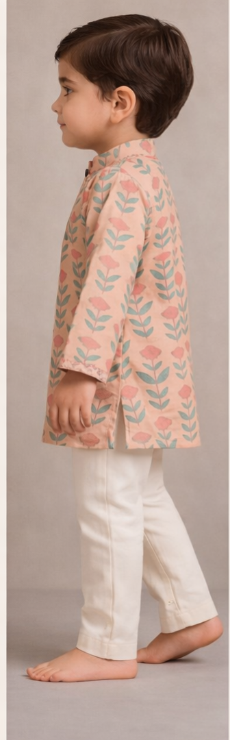 Pre Order: Peach Floral Printed Kurta With Pyjama