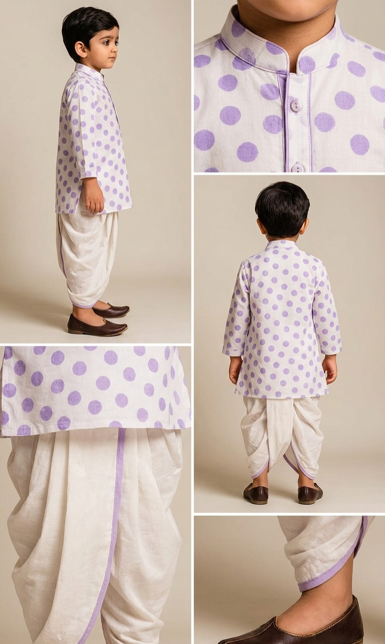 Pre Order: Thread Detailed Polka Dot Kurta With Dhoti