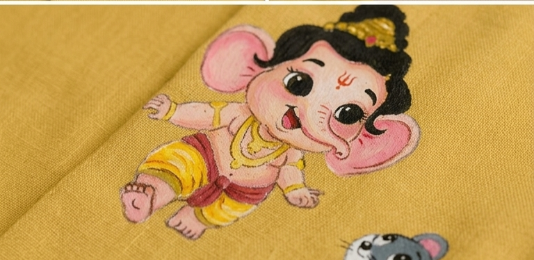 Pre Order: Yellow Ganesh ji Hand Painted Coord Set