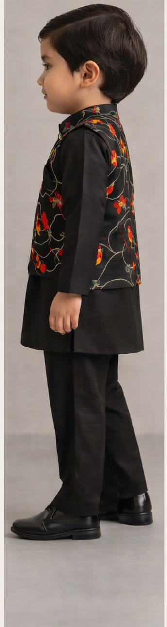 Pre Order: Ethnic Elegant Kurta With Pocket Detail Printed Jacket And Pyjama