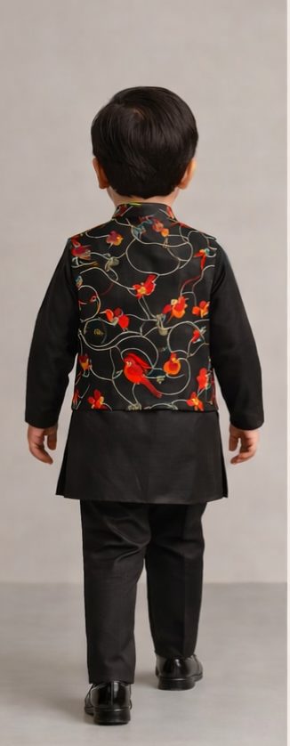 Pre Order: Ethnic Elegant Kurta With Pocket Detail Printed Jacket And Pyjama