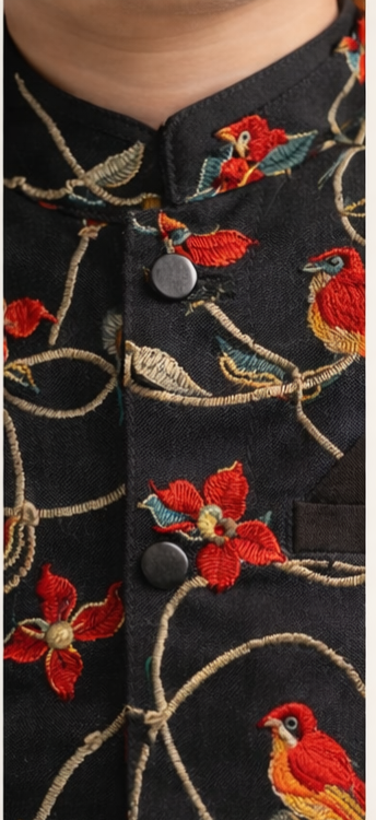 Pre Order: Ethnic Elegant Kurta With Pocket Detail Printed Jacket And Pyjama