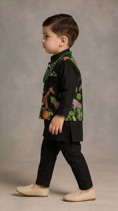 Pre Order: Black Kurta With Safari Printed Jacket And Pyjama