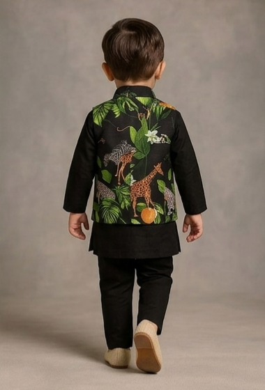 Pre Order: Black Kurta With Safari Printed Jacket And Pyjama