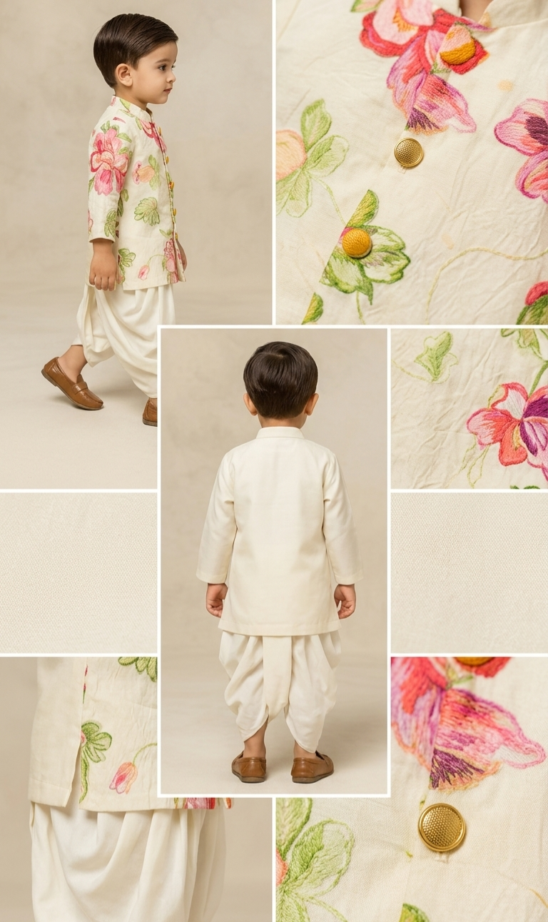 Pre Order: White Printed Kurta With Dhoti