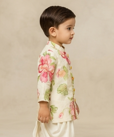 Pre Order: White Printed Kurta With Dhoti