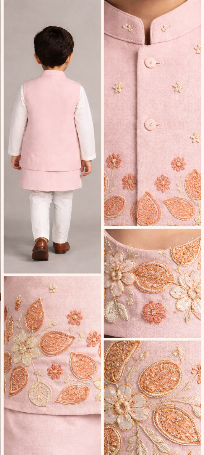 Pre Order: Pink Kurta With Hand Embroidered Jacket And Pyjama