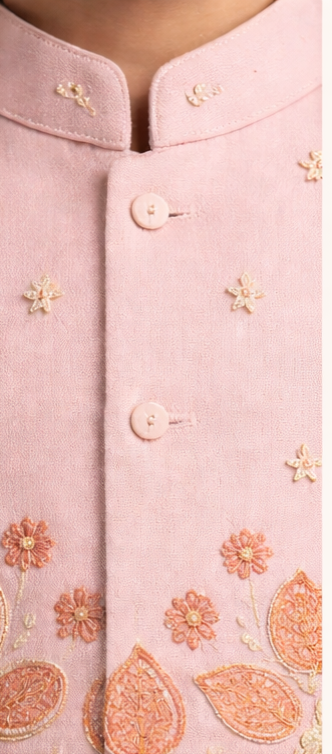 Pre Order: Pink Kurta With Hand Embroidered Jacket And Pyjama