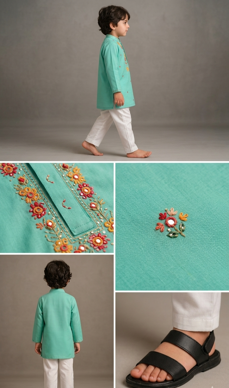 Pre Order: Floral Green Hand Embroidered Kurta With Pyjama