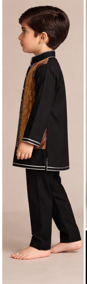Pre Order: Black Kurta With Multicolour Attached Flap And Pyjama