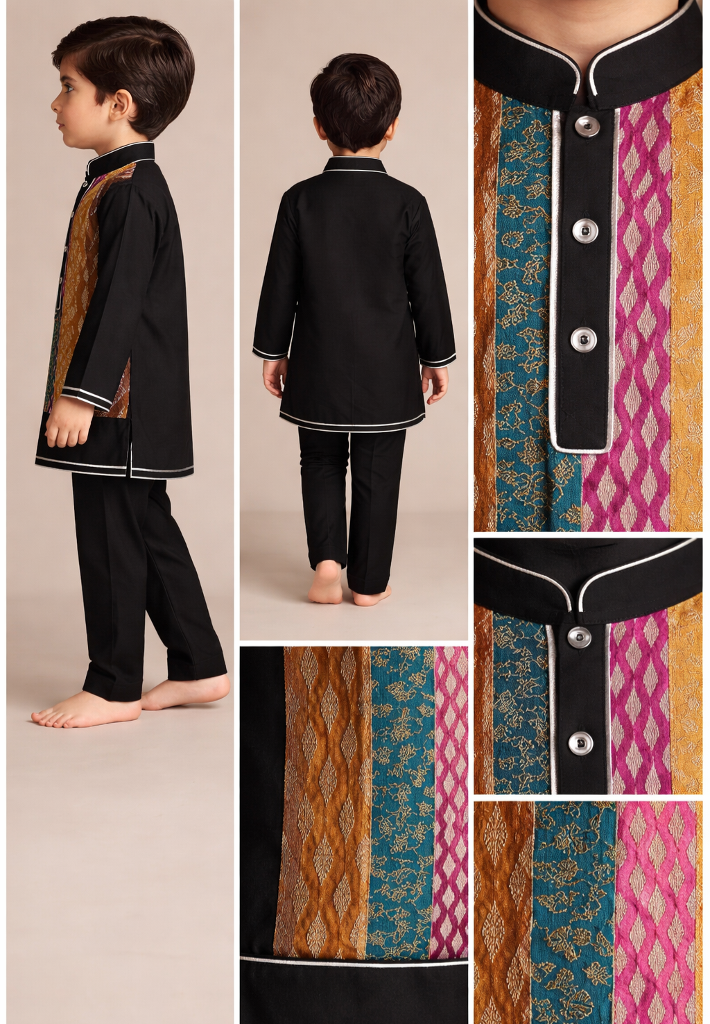 Pre Order: Black Kurta With Multicolour Attached Flap And Pyjama
