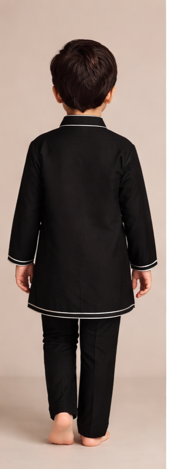 Pre Order: Black Kurta With Multicolour Attached Flap And Pyjama