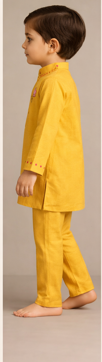 Pre Order: Hand-Embroidered Lotus-Motif Kurta With Pyjama