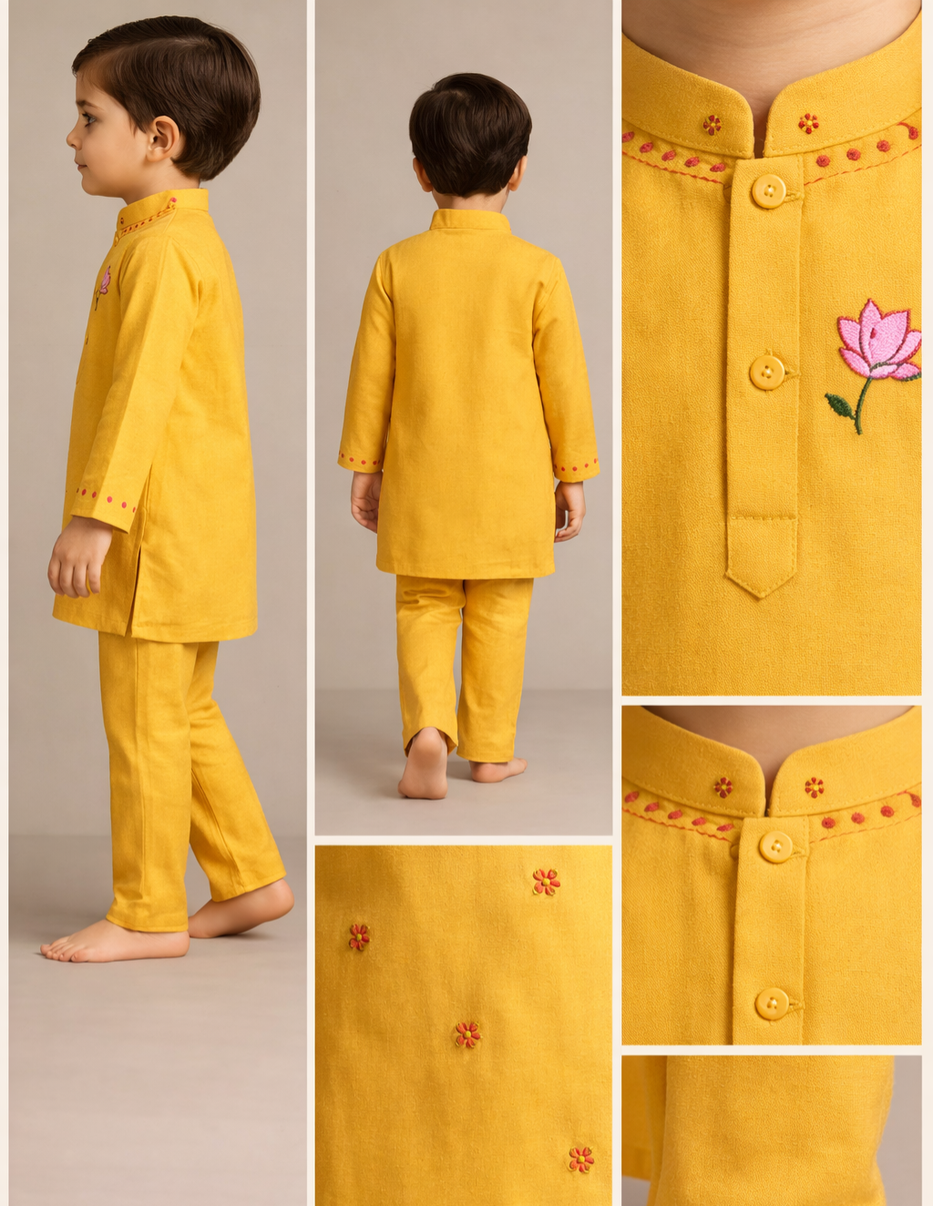 Pre Order: Hand-Embroidered Lotus-Motif Kurta With Pyjama