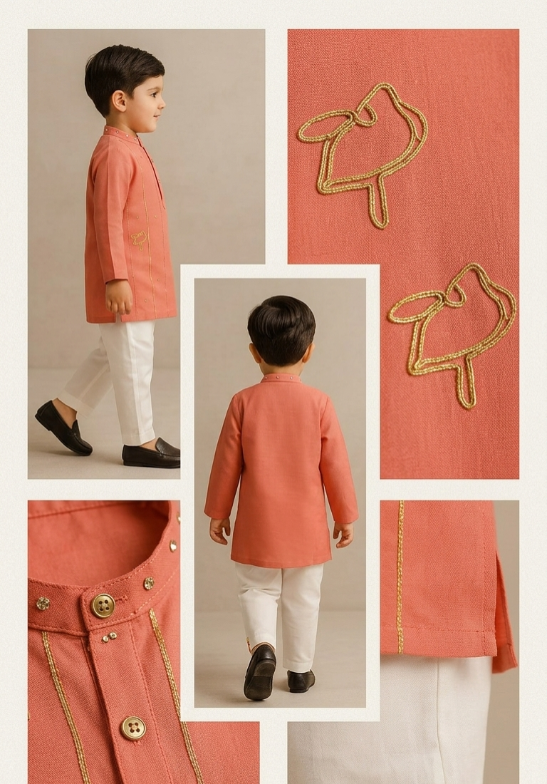 Pre Order: Red Bead And Sequin Embellished Kurta With Pyjama