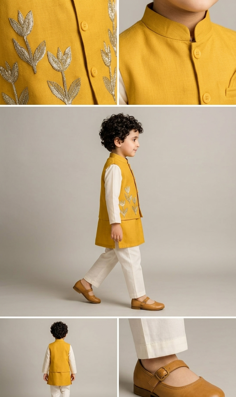 Pre Order: Ethnic Kurta With Front Open Embroidered Jacket And Pyjama