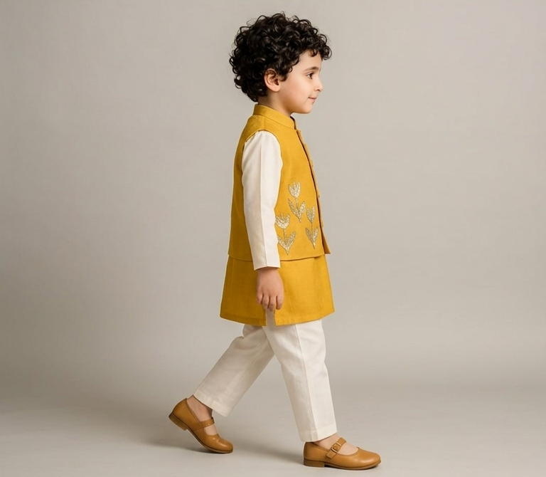 Pre Order: Ethnic Kurta With Front Open Embroidered Jacket And Pyjama