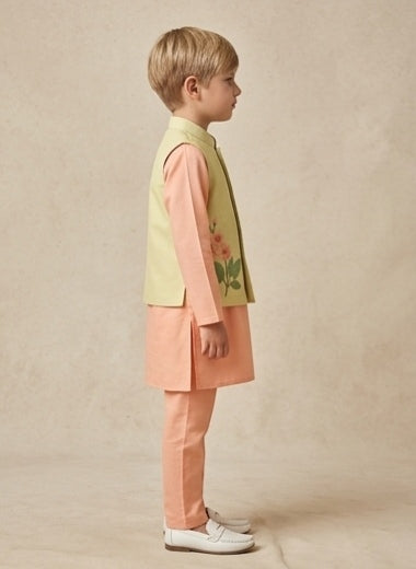 Pre Order: Ethnic Bead Detailed Kurta With Front Open Floral Jacket And Pyjama