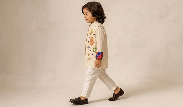 Pre Order: Mirror Embroidered Bandhej Detailed Kurta With Front Open Mirror Work Jacket And Pyjama